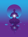 Vector banner with meditation man on abstract violet background with stars and spheres Yoga in the universe. Man in the lotus posi Royalty Free Stock Photo